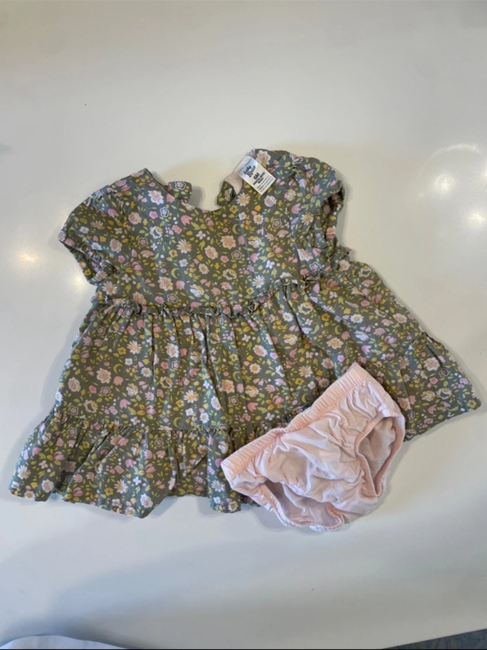OshKosh B'gosh Olive Green Floral Ruffle Dress with Pink Bloomers